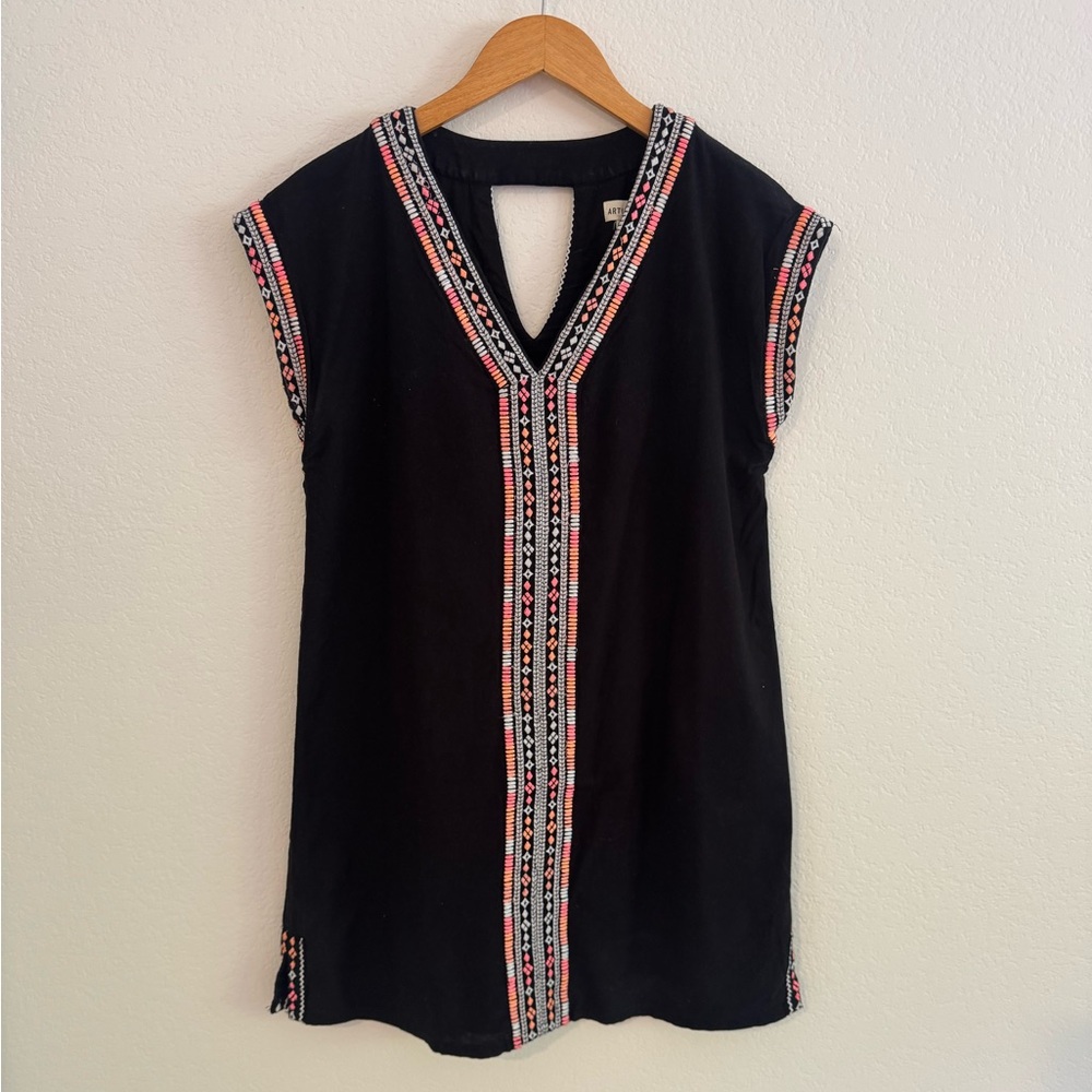 Size S Artisan NY Cotton Black Mini Dress with Pink Vibrant Embroidery